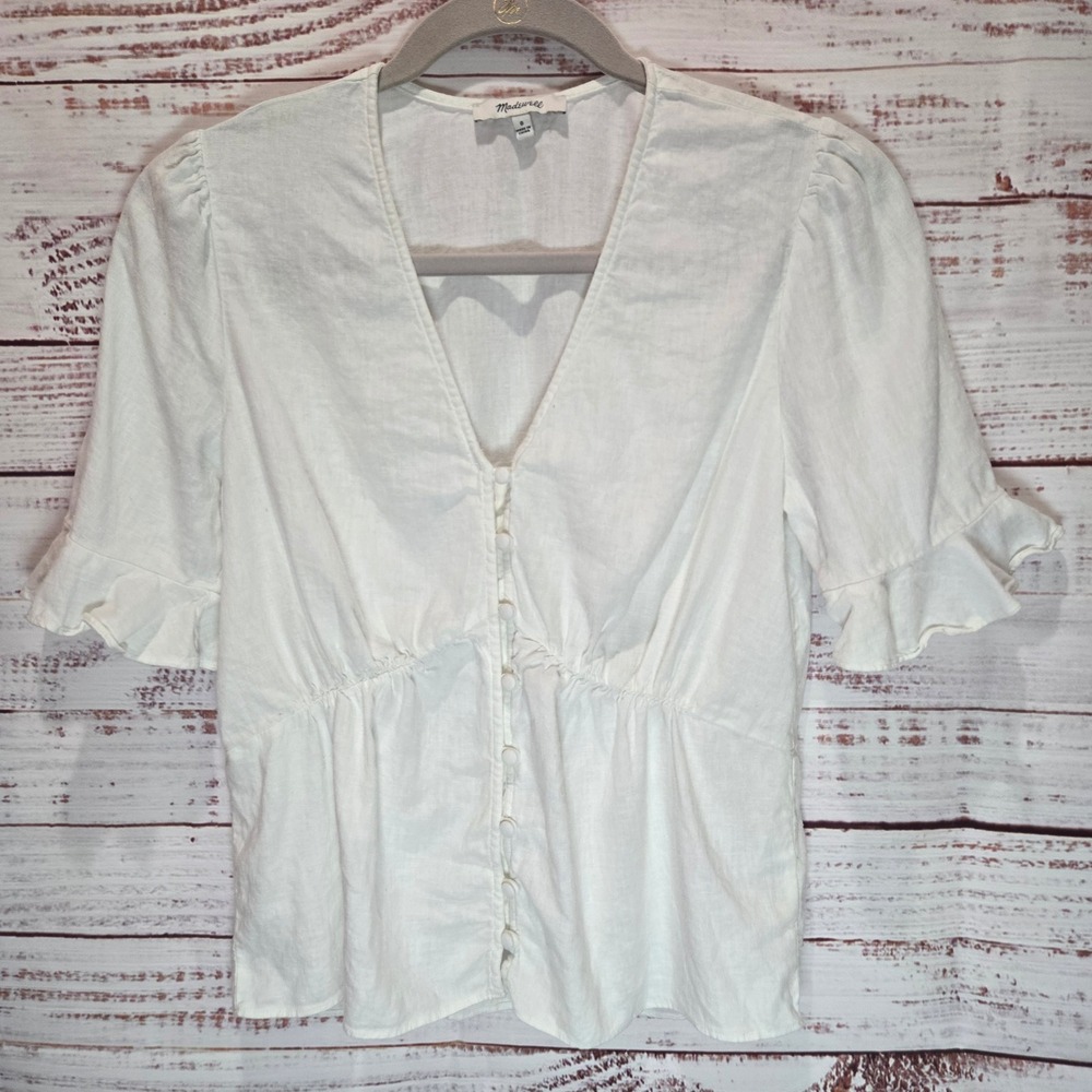Madewell White Linen Blend V-Neck Button Front Ruffle Sleeve Top Size 0